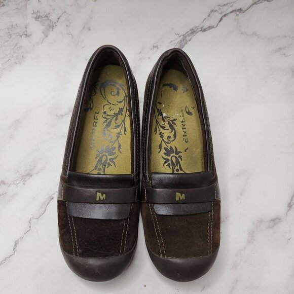 Merrell Plaza Moc Dark Coffee Brown Suede Leather Walking Flats Slip-On Shoes 8 - Picture 2 of 8